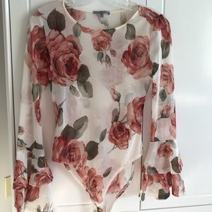 Rose body suit with bell sleeves